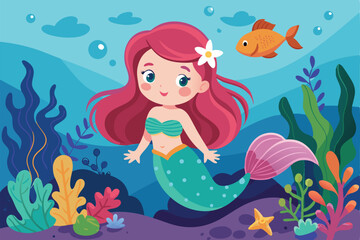 Seamless cartoon mermaid and dolphin in the ocean with tropical marine life illustration