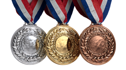 Three detailed olympic style medals gold silver and bronze with red white and blue ribbons isolated on transparent background