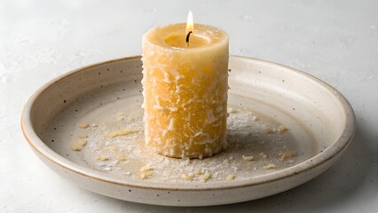 Melted candle stub stuck to a ceramic plate — wax hardened over dust