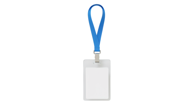 A vertical clear id card holder with a blue lanyard hanging against a black background space