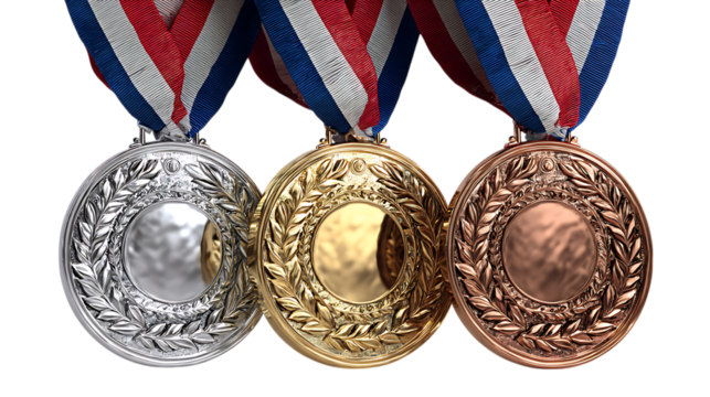Three detailed olympic style medals gold silver and bronze with red white and blue ribbons isolated on transparent background