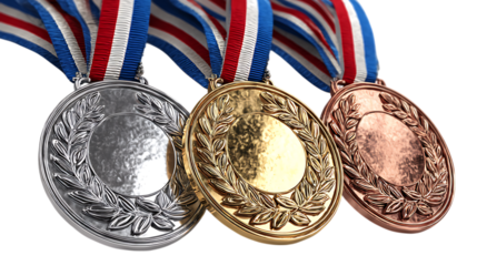 Three detailed olympic style medals gold silver and bronze with red white and blue ribbons isolated on transparent background