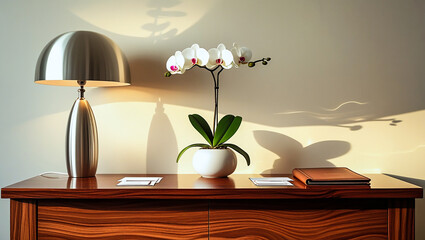 Minimalist wooden console with a white orchid centerpiece, modern metallic table lamp, and soft natural light casting elegant shadows in a serene, contemporary interior setting, interior of hotel room