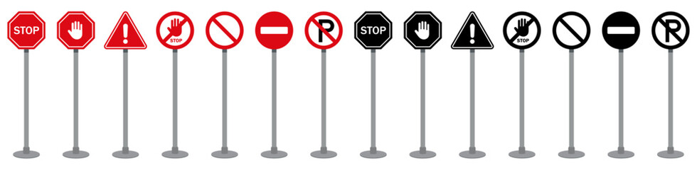Set of traffic signs including stop, warning, no entry, and no parking icons on poles in red and black colors. Flat vector style suitable for transport, road safety, and traffic rules content.
