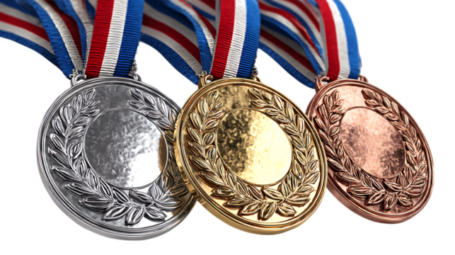 Three detailed olympic style medals gold silver and bronze with red white and blue ribbons isolated on transparent background - Powered by Adobe