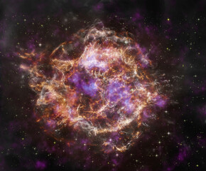A colorful supernova remnant Cassiopeia A captured in multiple wavelengths, revealing intricate filaments of hot gas and dust. Image courtesy of NASA
