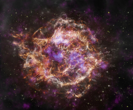 A colorful supernova remnant Cassiopeia A captured in multiple wavelengths, revealing intricate filaments of hot gas and dust. Image courtesy of NASA
