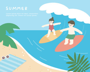 Hand drawn summer template background on the ocean with people surfing.
