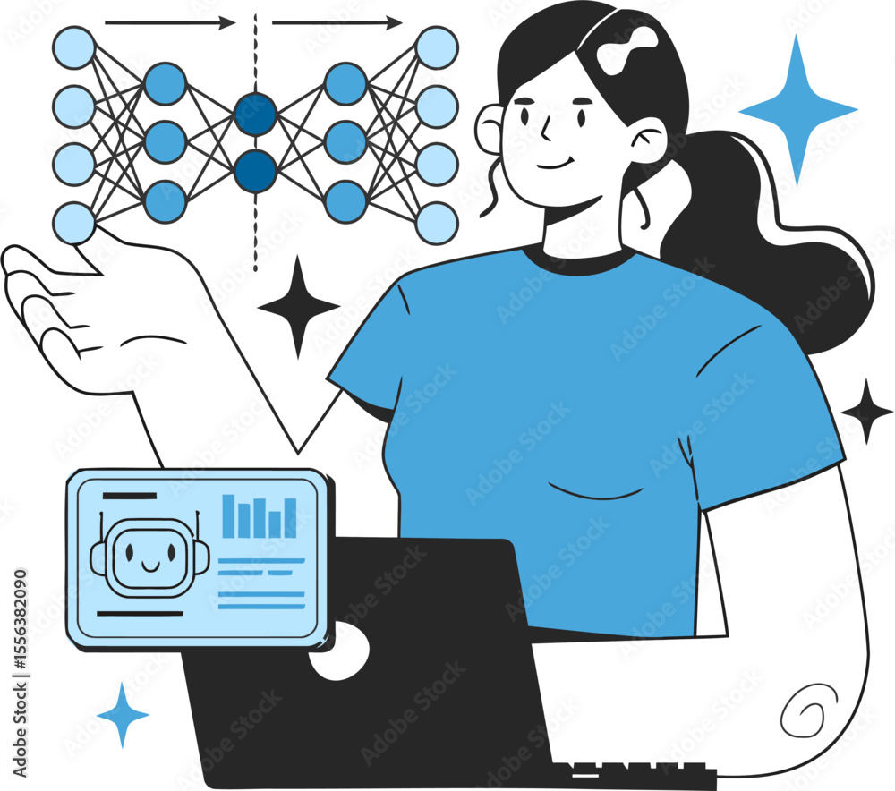 Poster illustrative ai machine learning woman data science neural network coding chatbot laptop stars desig