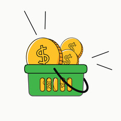 shopping basket with coins isolate on white background