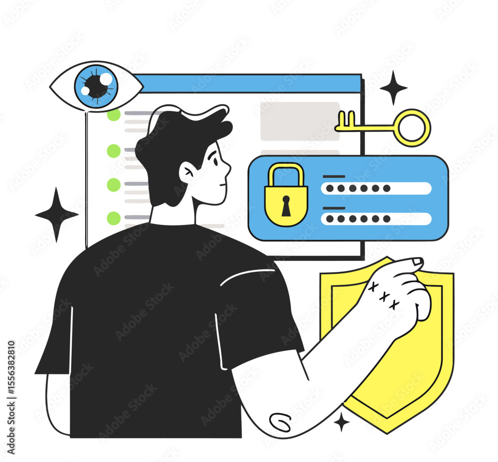 Poster man security data protection privacy cyber safety lock password key access shield login information 