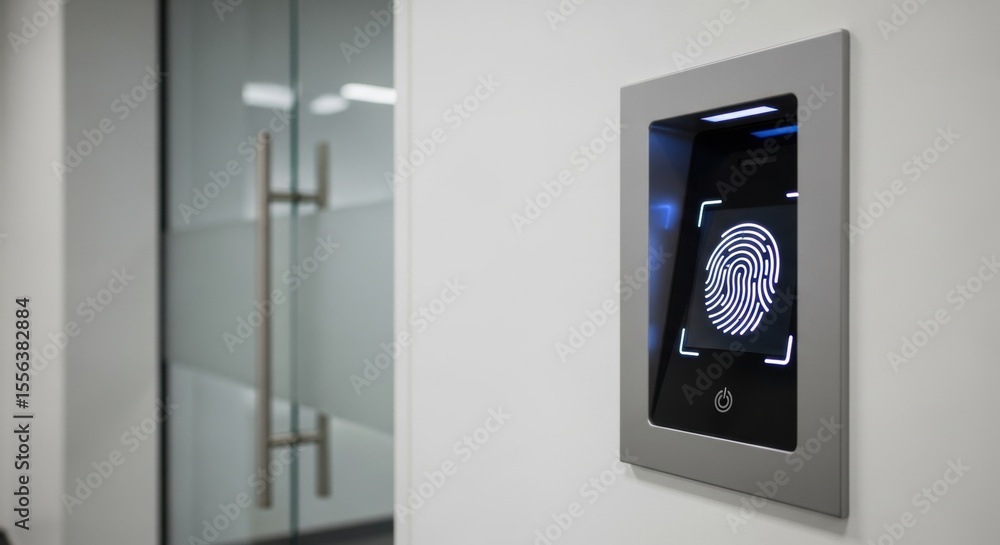 Poster fingerprint access control system mounted on a white wall in an office building. biometric scanner f