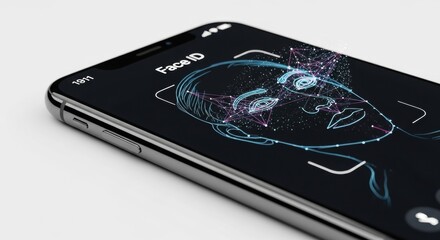 Smart phone with face id recognition system. Facial identity authentication process with biometric technology concept and digital security.