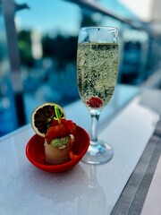 seafood appetizers with sparkling wine