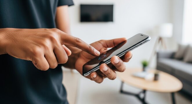 African american man using fingerprint and touch id. Smart phone with biometric scan concept. Fingerprint verification for security. - Powered by Adobe
