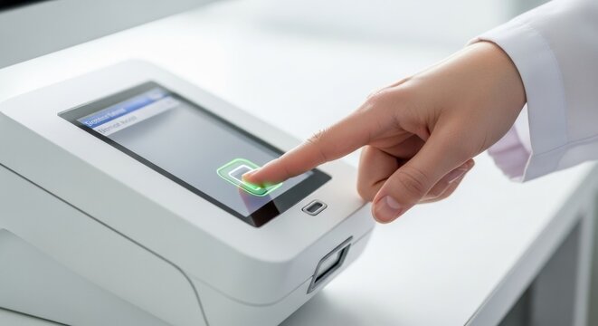 Woman touching biometric scanning device for fingerprint identification. Advanced technology security system for access control.