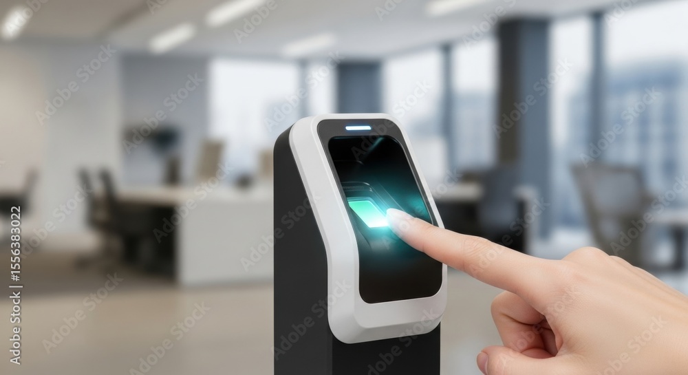Aufkleber woman finger touching a biometric fingerprint scanner for access control or security system in a mod