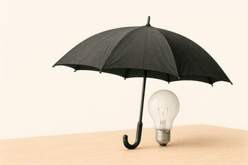 An umbrella protecting a light bulb is a symbol of the preservation of ideas. Space for text.