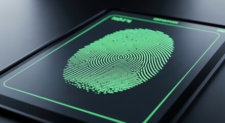 Digital tablet displaying a glowing green fingerprint on its screen. Biometric security scan for data access and privacy.