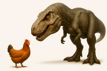 Chicken and dinosaur meeting on a clean background.