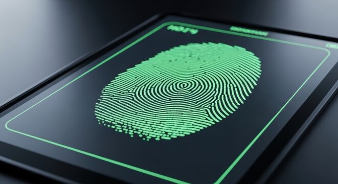 Digital tablet displaying a glowing green fingerprint on its screen. Biometric security scan for data access and privacy.