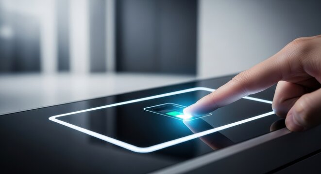 A woman finger presses a glowing button, simulating a fingerprint scan for biometric authentication. Security access control concept.