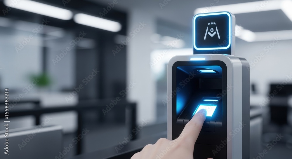 Poster woman pressing finger on a biometric fingerprint scanner for access control. security system for mod