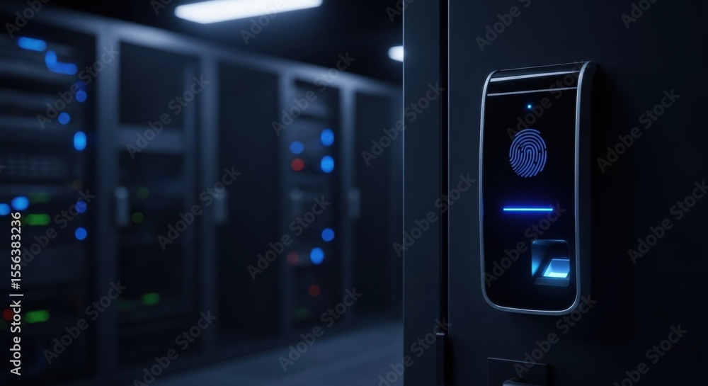 Poster biometric fingerprint scanner on a server rack door, symbolizing secure data access and digital prot
