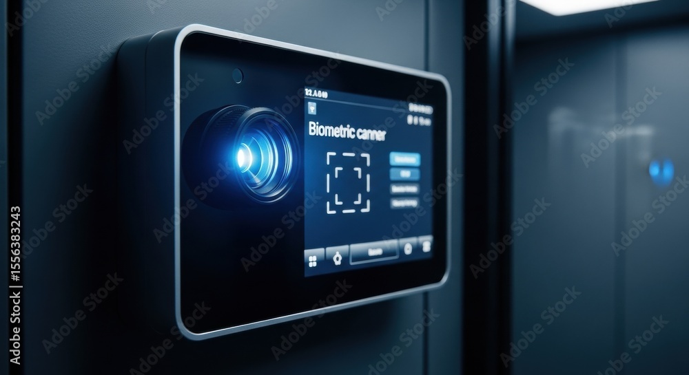 Poster biometric scanner with illuminated lens on a wall panel. modern security technology device for face 