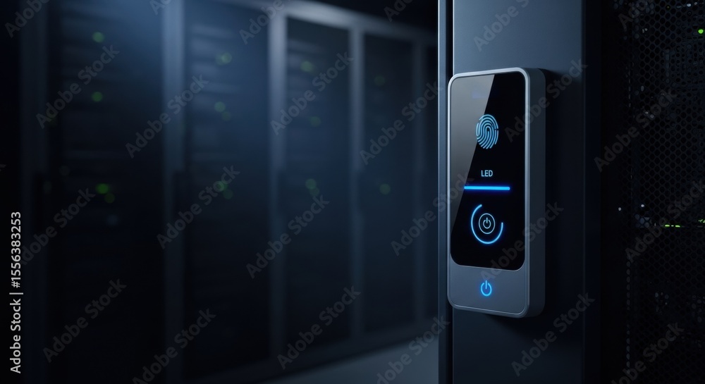 Poster biometric fingerprint scanner on a server rack. digital security for data center access. future tech