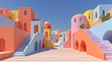 Pastel colored surreal architecture with striped ground