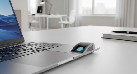Laptop with a biometric fingerprint reader. Modern computer device for data security and personal identification. Biometric authentication technology for office and home use.