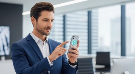 Man using a mobile phone with biometric security. Data protection concept. Biometric authentication and secure transaction. Cybersecurity application.