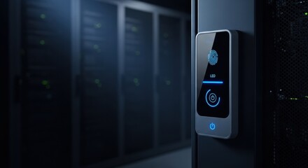 Biometric fingerprint scanner on a server rack. Digital security for data center access. Future technology for cyber protection.