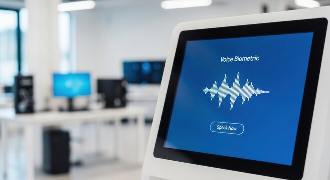 Voice biometric system display with a waveform graphic. Speaker independent authentication for secure access and data. Future security technology.