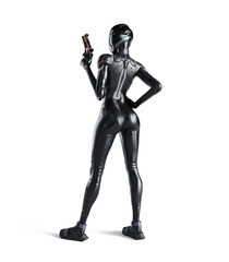 3d render of sci-fi cyberpunk female assassin wears tight black suit, leather sneakers, futuristic protective helmet stands posing one hand on hip other hand holding gun on white background. Side view