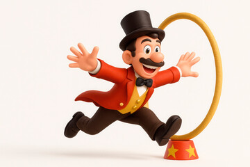 The circus host jumps over the ring with enthusiasm. Space for text.