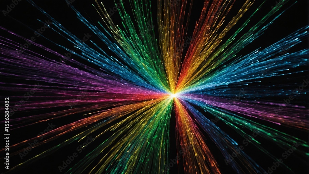 Poster colorful light beams radiating from a central point create a stunning visual display in a dark envir