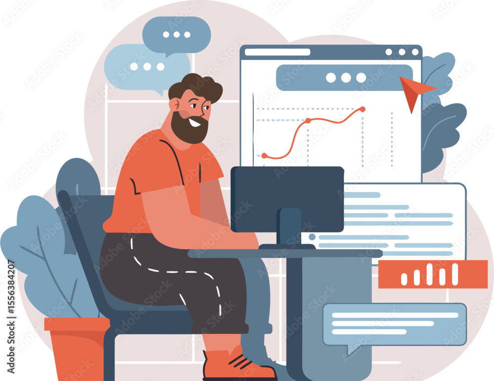Poster man working computer data analysis chart diagram graph business monitor screen online technology des