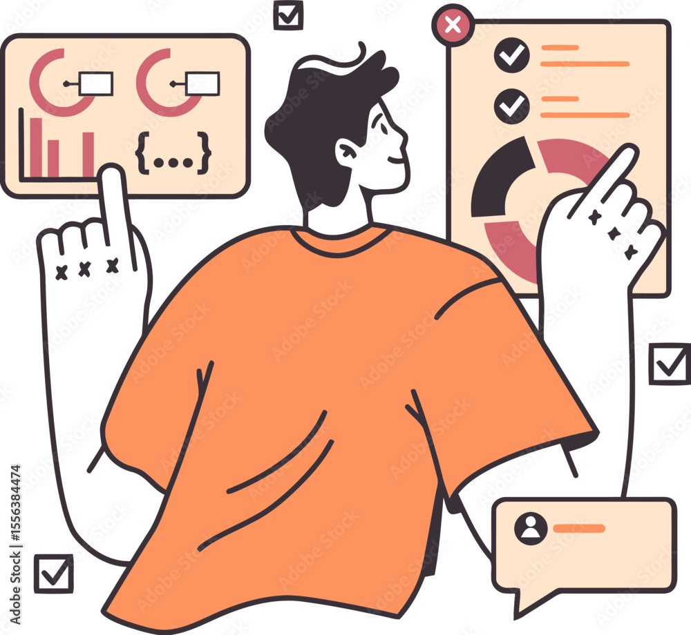 Poster man data analysis dashboard analytics charts graphs statistics information management visualization 