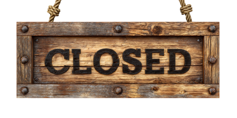 Rustic wooden sign with the word closed carved and painted black hanging by rope isolated on transparent background