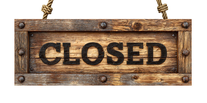 Rustic wooden sign with the word closed carved and painted black hanging by rope isolated on transparent background