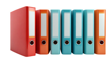 Row of colorful office binders with blank labels and metal finger rings isolated on transparent background