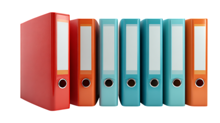 Row of colorful office binders with blank labels and metal finger rings isolated on transparent background