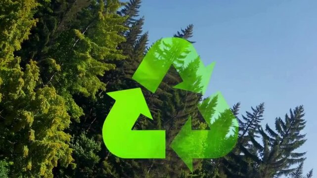 A green infinity loop symbol with a recycling arrow is overlaid on a dense forest ai generative