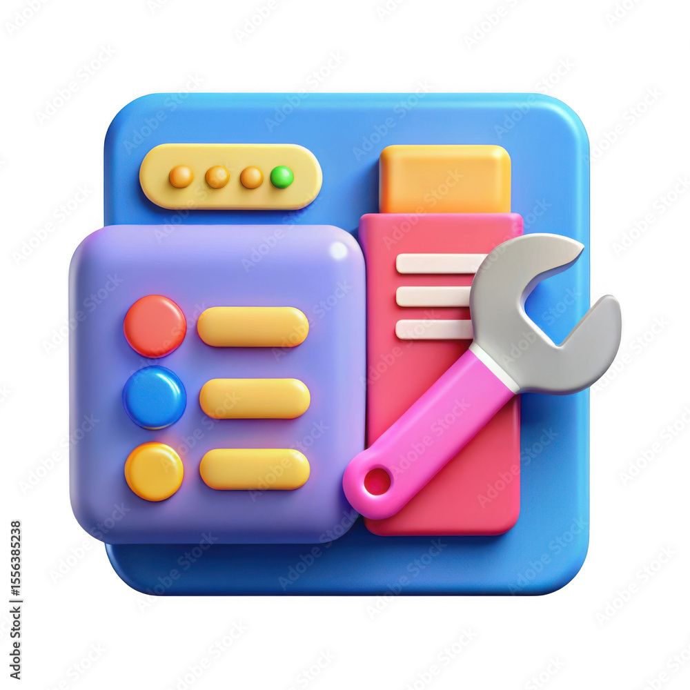 Fototapete 3d rendering of a colorful user interface with tools and settings icons isolated on transparent back