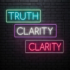 Neon signs spelling truth and clarity isolated on white background