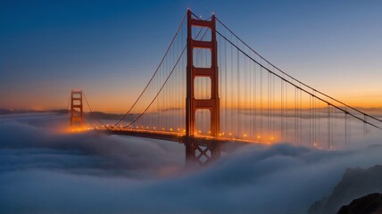 Obraz premium Golden Gate Bridge Illuminated at Dusk Amidst Thick Fog With Vibrant Sunset Colors Enhancing the Iconic Structure in San Francisco