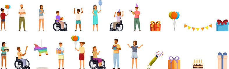 Obraz premium Birthday disabled people icons set. Happy multiethnic children and teenagers, some in wheelchair, celebrating a birthday party with gifts, balloons, cake and confetti