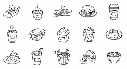 A grid of black and white line art icons depicting various fast food and street food items.